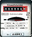 Bild zeigt Eintarifzähler mit Anzahl der Kilowattstunden und Zählernummer.