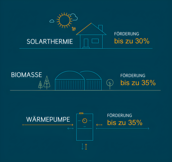 Grafik zeigt drei verschiedene Heizungstypen mit der möglichen Förderungssumme bei staatlicher Förderung.