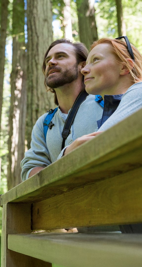 Paar im Wald blickt nachdenklich umher.