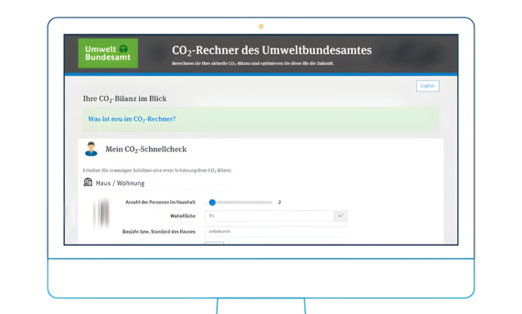 Grafik zeigt einen Screenshot des CO2 Rechners des Umweltamtes, um den eigenen CO2 Fußabdruck zu berechnen.
