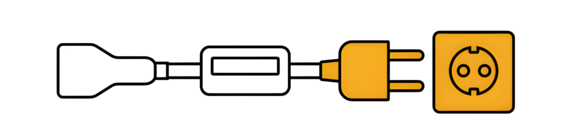 Grafik zeigt Variante eines Ladeskabels für E-Autos. Das Ladekabel besitzt eine integrierte Controlbox, die die Ladeleistung am Fahrzeug regelt und überwacht.