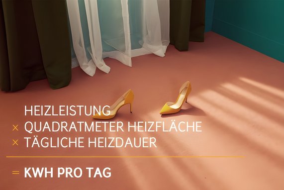 Grafik stellt die Berechnung der Heizleistung der Fußbodenheizung dar. Im Bild steht: Die Kilowattstunden pro Tag ergeben sich aus der Heizleistung mal der Quadratmeter an heizfläche und der täglichen Heizdauer. Im Hinterfrund stehen hohe Schuhe auf einem glatten Boden.