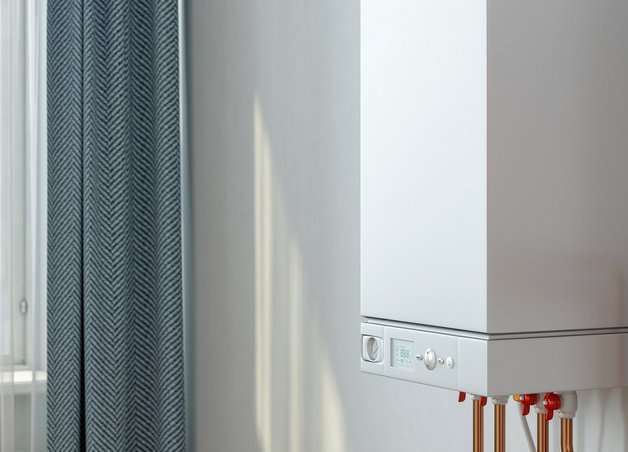 Gastherme mit Kupferrohren und Bedienfeld, Absperrventile sichtbar; Bezug zu Gastherme Kosten im hellen Innenraum.