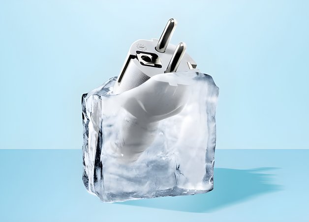 Bild zeigt einen Eisklotz mit einem eingefrorenen Steckdosenstecker – Thema: Stromverbrauch von Gefrierschränken.