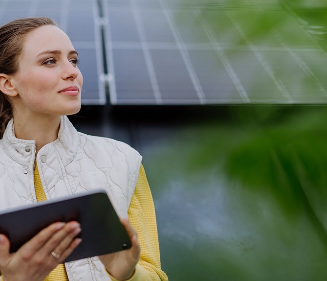 Frau mit Tablet vor Solarmodulen, entschlossenes Lächeln. Betonung auf kostengünstigen Solarstrom und 0 % Mehrwertsteuer-Vorteil.