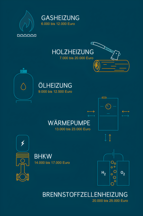 Grafik zeigt die unterschiedlichen Heizungstypen mit den zugehörigen Anschaffungskosten.