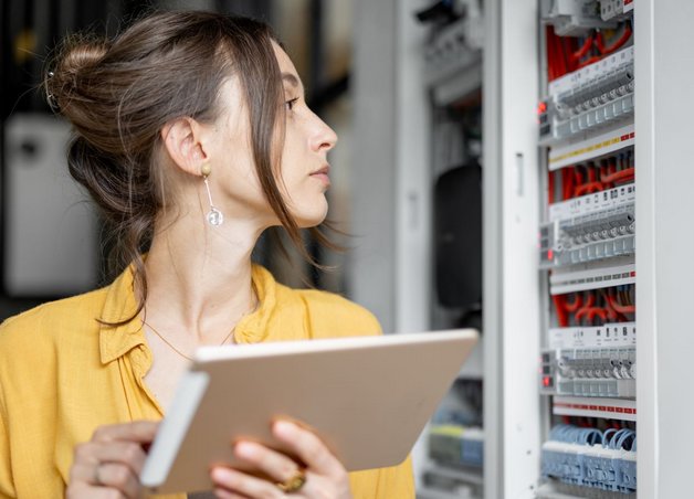 Frau mit Tablet inspiziert Elektroverteiler und die Funktionsweise des Stromzählers im Technikraum.