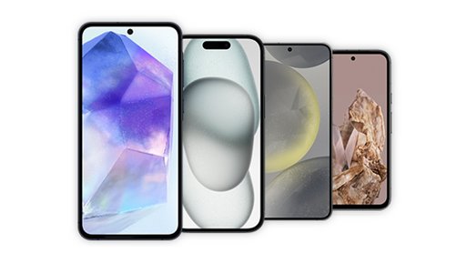 Vier moderne Smartphones nebeneinander. Symbolisiert Auswahl an Premium-Geräten für den Mobilfunk Tarif von ENTEGA.