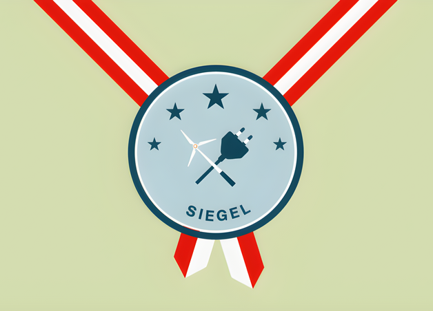 Grafik zeigt eine Medaille mit Windrad und Stecker – Thema: Stromzertifikate und Gütesiegel.