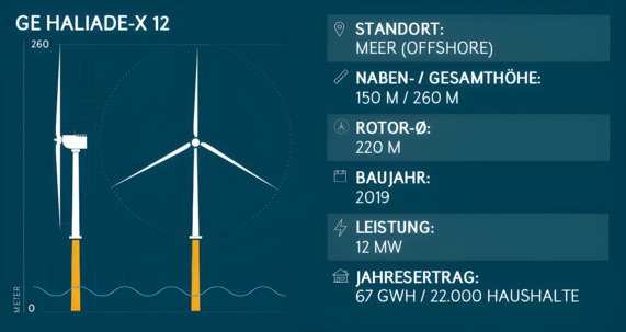 Grafik zeigt die Leistung eines GE Haliade-X 12-Megawatt-Offshore-Windrads mit einem jährlichen Stromertrag von 67 GWh, womit etwa 22.000 Haushalte versorgt werden können.