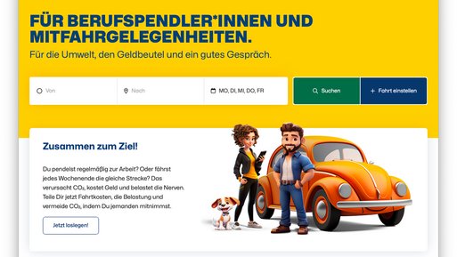 Das Bild zeigt einen Screenshot der Website Pendlerportal, auf der man eine Fahrgemeinschaft finden kann. 