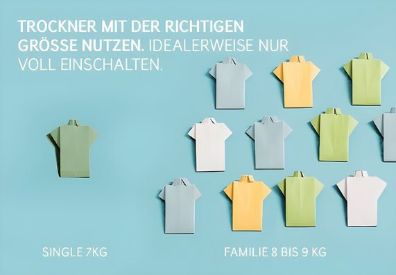 Im Bild steht, dass man Trockner am besten nur voll einschalten soll, um Strom zu sparen.
