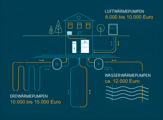 Grafik zeigt anhand verschiedener Wärmepumpen wie hoch die Anschaffungskosten für eine neue Heizung sind. Es werden Luftwärmepumpe, Erdwärmepumpe und Wasserwärmepumpe in den Kosten verglichen.