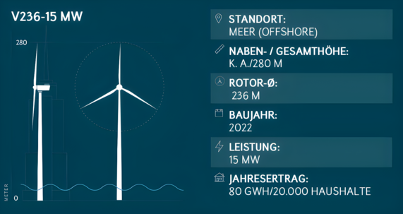 Grafik zeigt die Leistung eines V236-15 MW Offshore-Windrads mit einem jährlichen Stromertrag von 80 GWh, womit etwa 20.000 Haushalte versorgt werden können.