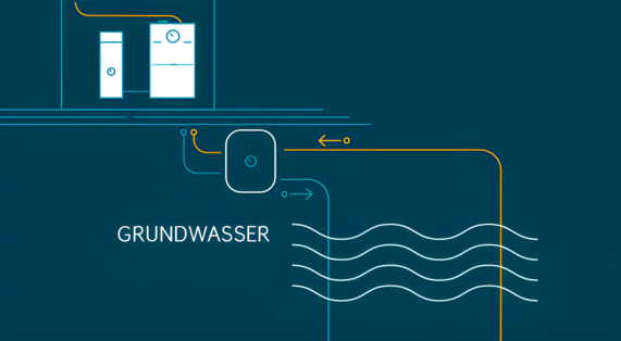 Grafik zeigt eine Wasserwärmepumpe und wie diese mit Hilfe des Grundwassers Energie erzeugt,