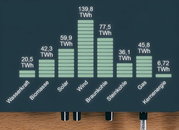 Infografik zeigt öffentliche Nettostromerzeugung 2023 in Deutschland. Es wird der Anteil von Wasserkraft, Biomasse, Solar, Wind, Braunkohle, Steinkohle, Gas und Kernenergie dargestellt.