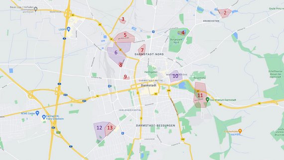 Karte von Darmstadt, markierte Bereiche und Nummerierungen für unterschiedliche Stadtteile und Projekte.
