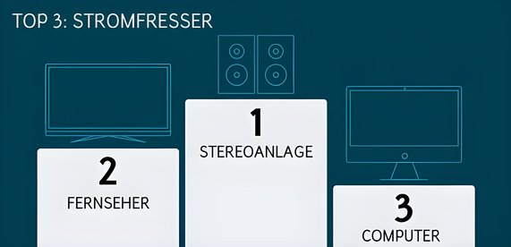 Grafik zeigt die drei größten Stromfresser im Stand-by-Modus: Platz 1 ist die Stereoanlage, gefolgt vom Fernseher auf Platz 2 und dem Computer auf Platz 3.