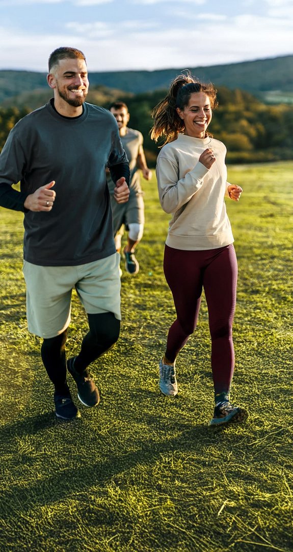Gruppe von drei Personen joggt lächelnd über eine grüne Wiese. Symbolisiert die günstigen und klimafreundlichen Produktangebote von ENTEGA rund um Ökoenergie.