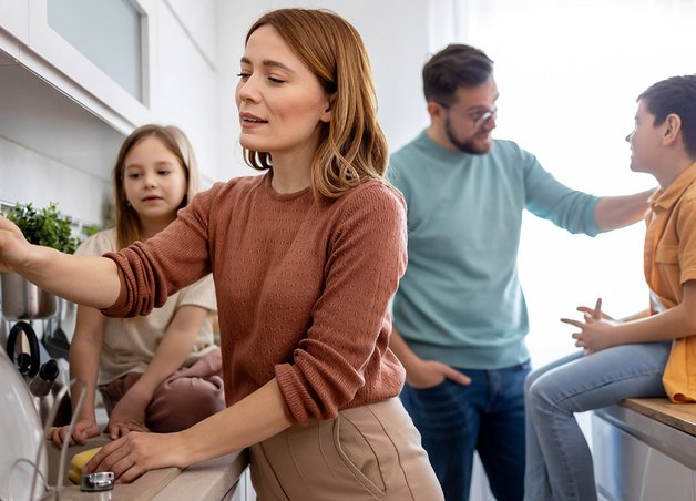 Familie mit vier Personen in moderner Küche; Alltagsszene beim Abwasch und Gespräch, Symbol für Stromverbrauch 4 Personen-Haushalt.