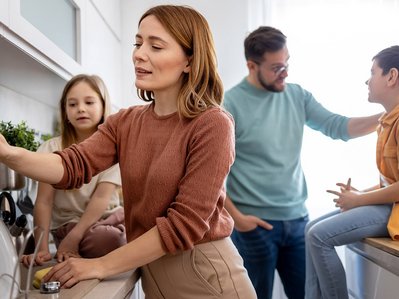 Familie mit vier Personen in moderner Küche; Alltagsszene beim Abwasch und Gespräch, Symbol für Stromverbrauch 4 Personen-Haushalt.