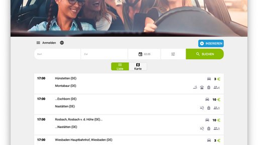 Das Bild zeigt einen Screenshot der Website von Fahrgemeinschaft.de, auf der man eine Mitfahrgelegenheit finden kann. 