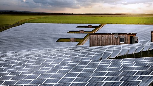 Weitläufige Solaranlage in ländlicher Umgebung bei Sonnenuntergang, mit Holzgebäude und Person, die Anlagenwartung überprüft.