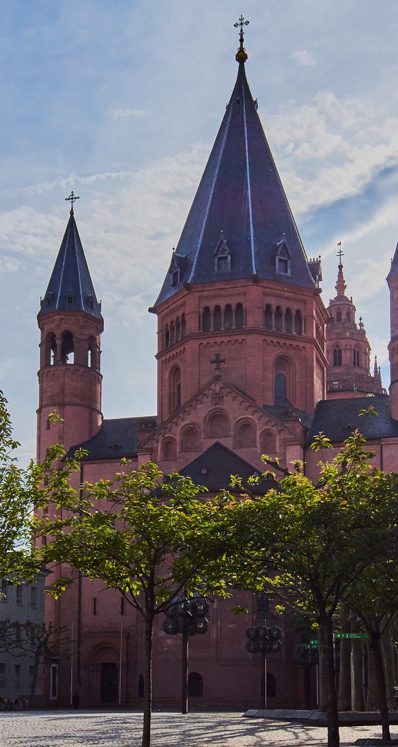 Mainzer Dom mit markanten Türmen, im Vordergrund Bäume, blauer Himmel im Hintergrund.