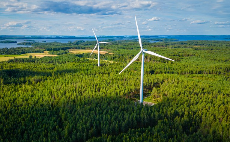 Windkraftanlagen in grünem Waldgebiet, symbolisieren 100 % Ökostrom aus Deutschland. Günstige Tarife, landesweit verfügbar.