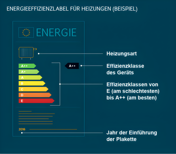 Grafik zeigt Energieeffizienzlabel für Heizungen und erklärt an welcher Stelle welche Werte ablesbar sind. Von der Heizungsart bis zum Jahr der Einführung der Plakette.