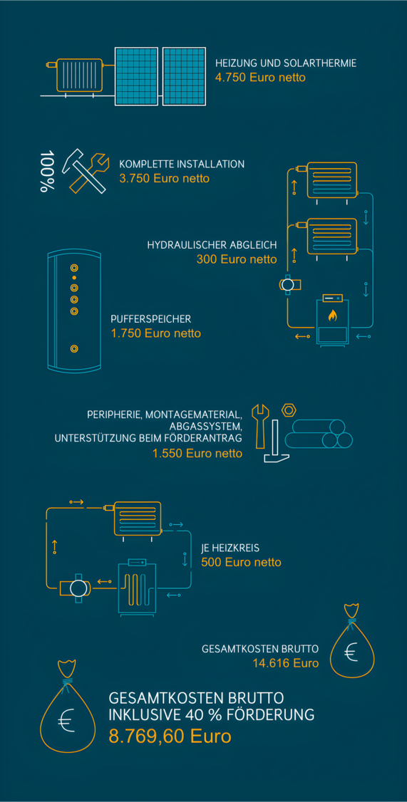 Grafik zeigt die verschiedenen Bestandteile einer Ölheizung und was diese inklusive Installation kosten. Am Ende steht ein Gesamtpreis von circa 14000 Euro. 
