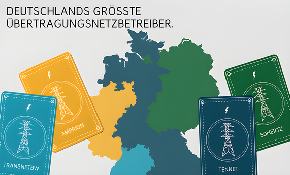 Grafik zeigt eine Deutschlandkarte, auf der die vier größten Übertragungsnetzbetreiber – TransnetBW, Amprion, Tennet und 50Hertz – farblich markiert sind.