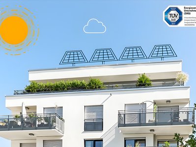 Grafik zeigt eine Photovoltaikanlage auf einem Flachdach und verdeutlicht den Einsatz von Solarenergie zur Stromerzeugung.