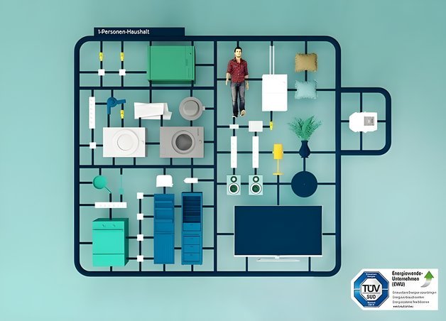 Bild zeigt Grundrissansicht einer Wohnung – Thema: Stromverbrauch in einem 1-Personen-Haushalt.
