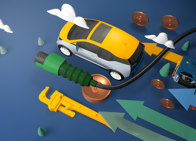 Grafik zeigt ein Elektroauto mit Ladekabel und Geldmünzen, die symbolisch die Betriebskosten verschiedener Elektroautos gegenüberstellen.