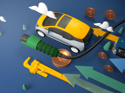 Grafik zeigt ein Elektroauto mit Ladekabel und Geldmünzen, die symbolisch die Betriebskosten verschiedener Elektroautos gegenüberstellen.