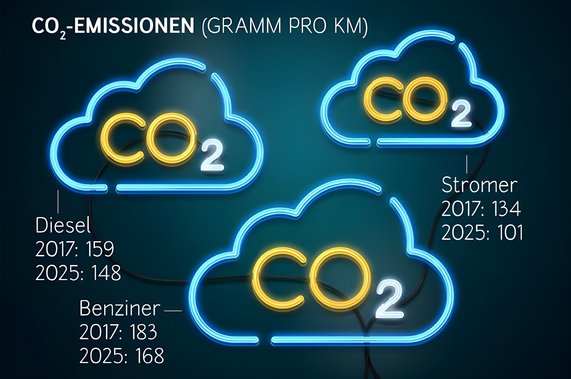 Grafik zeigt CO2-Emmissionen unterschiedlicher Kraftstoffe in Gramm pro Kilometer, dargestellt in Wolken.