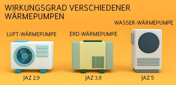 Grafik stellt den Wirkungsgrad verschiedener Wärmepumpen gegenüber. Es werden die Luftwärmepumpe, die Erd-Wärmepumpe und die Wasser-Wärmepumpe verglichen.