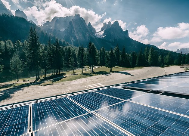 Bild zeigt Solaranlage mit Bäumen und Bergen im Hintergrund – Thema: Wirkungsgrad einer Solarzelle.