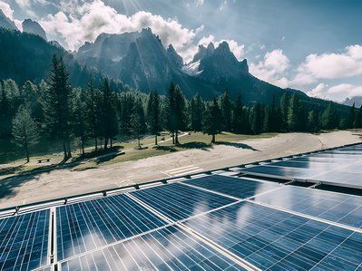 Bild zeigt Solaranlage mit Bäumen und Bergen im Hintergrund – Thema: Wirkungsgrad einer Solarzelle.