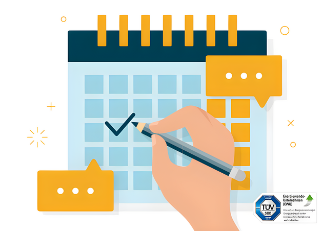 Grafik zeigt Kalender und Hand mit Stift – Thema: Strom Kündigungsfristen.