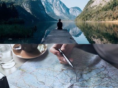 Bild zeigt Kombination aus Urlaubsfoto mit Mann am See und Karte mit nach passendem Urlaubsort suchender Hand – Thema: nachhaltiges Reisen.