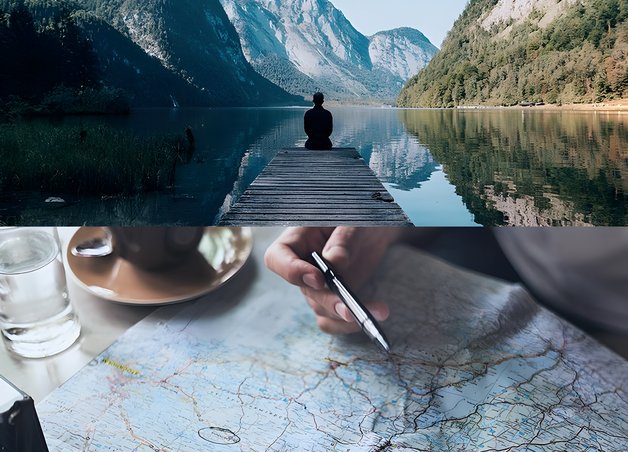 Bild zeigt Kombination aus Urlaubsfoto mit Mann am See und Karte mit nach passendem Urlaubsort suchender Hand – Thema: nachhaltiges Reisen.