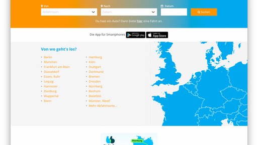 Das Bild zeigt einen Screenshot der Website Mitfahren.de, auf der man eine Mitfahrgelegenheit finden kann. 