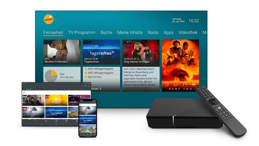ENTEGA-TV-Box und Fernbedienung, betont einfache Einrichtung, zeigt vielfältiges TV-Programm.
