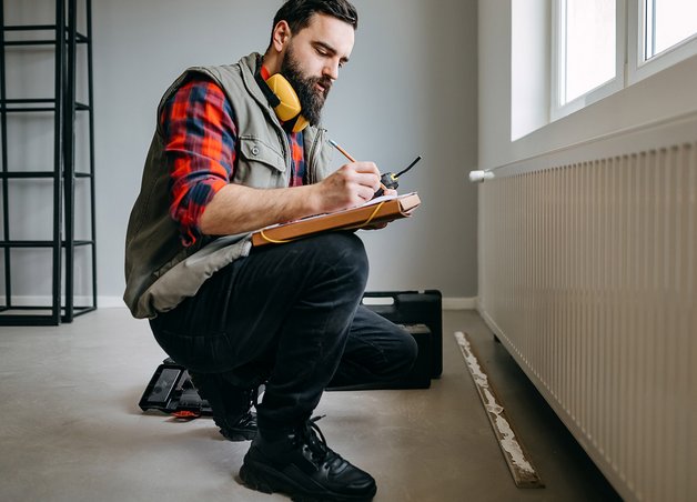 Handwerker prüft Heizung im Neubau und notiert die Kosten für Heizung Neubau auf einem Klemmbrett.