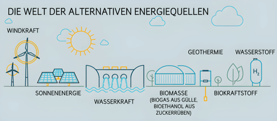 Grafik zeigt verschiedene Formen alternativer Energiequellen wie Sonnenenergie, Wasserkraft, Windkraft, Geothermie und weitere.