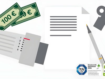 Bild zeigt ein Schriftstück, einen Stift und zwei 100-Euro-Scheine – symbolisiert die Heizkostenabrechnung und deren Begleichung.