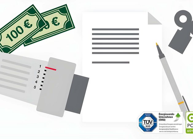 Bild zeigt ein Schriftstück, einen Stift und zwei 100-Euro-Scheine – symbolisiert die Heizkostenabrechnung und deren Begleichung.