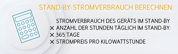 Grafik zeigt eine einfache Berechnung des Stromverbrauchs durch Stand-by-Geräte. Daneben ist ein Taschenrechner abgebildet, der symbolisch für die Kostenberechnung steht.